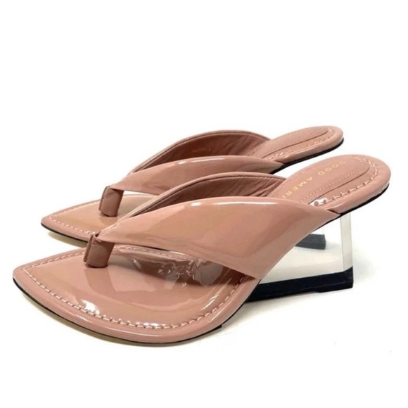 Good American Cinderella Thong Straps Clear Wedge Sandal Heel Dusty Pink Nude 7 - Picture 6 of 11